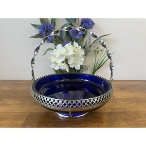 Vintage Cobalt Blue Glass Basket Bowl with Silver Tone Holder & Twisted Handle